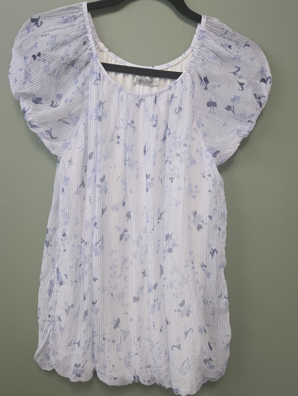 100% Silk Light Blue Floral Puff-Sleeve Peasant Style Womenβs Top Sz M